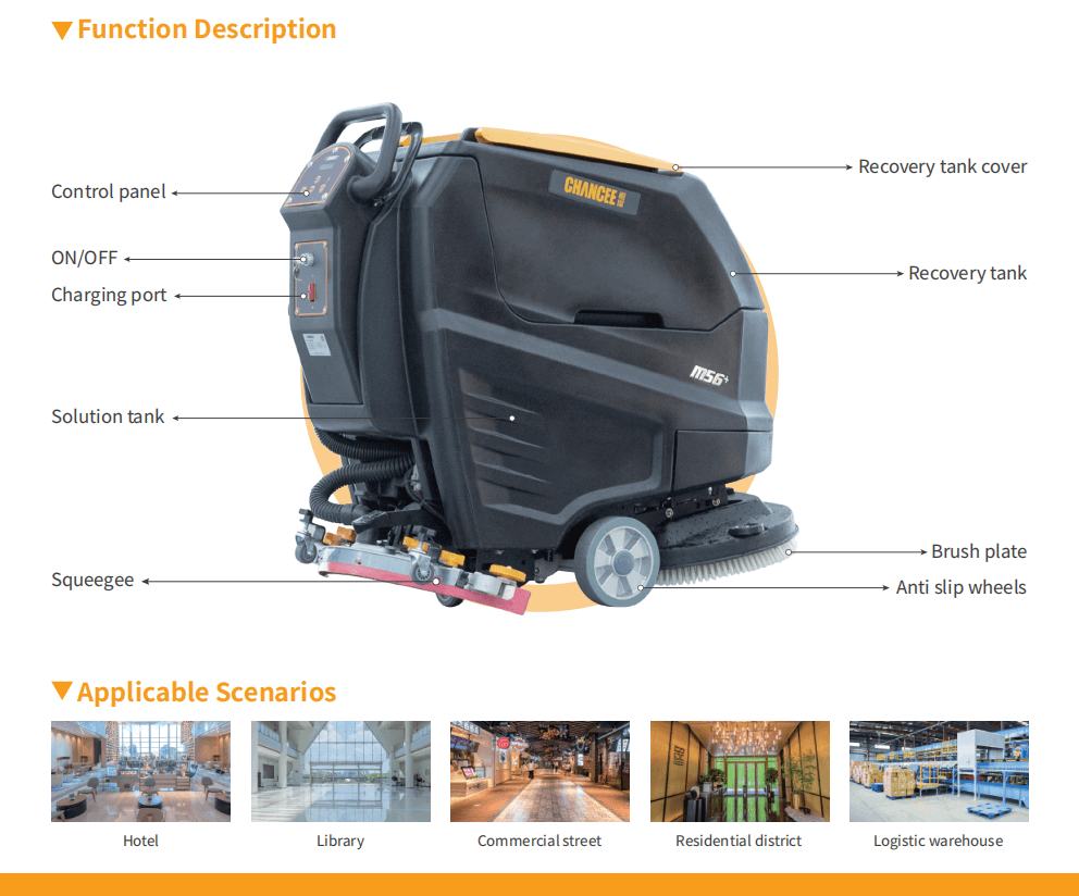 M56+ Walk-Behind Floor Scrubber – Battery Powered Main Feature